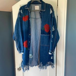 Zara distressed long jean jacket